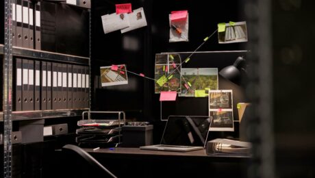 Vice de procédure : bureau d'enquête pénale avec dossiers, photos et notes reliées sur un tableau